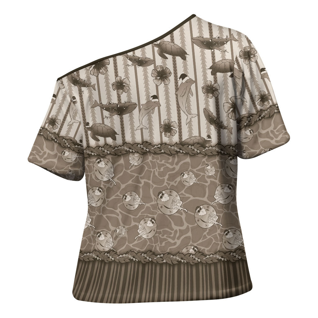 Hawaii Christmas In July Cross Shoulder Shirt Beige Mele Kalikimaka Sea Animals DT05 - Polynesian Pride