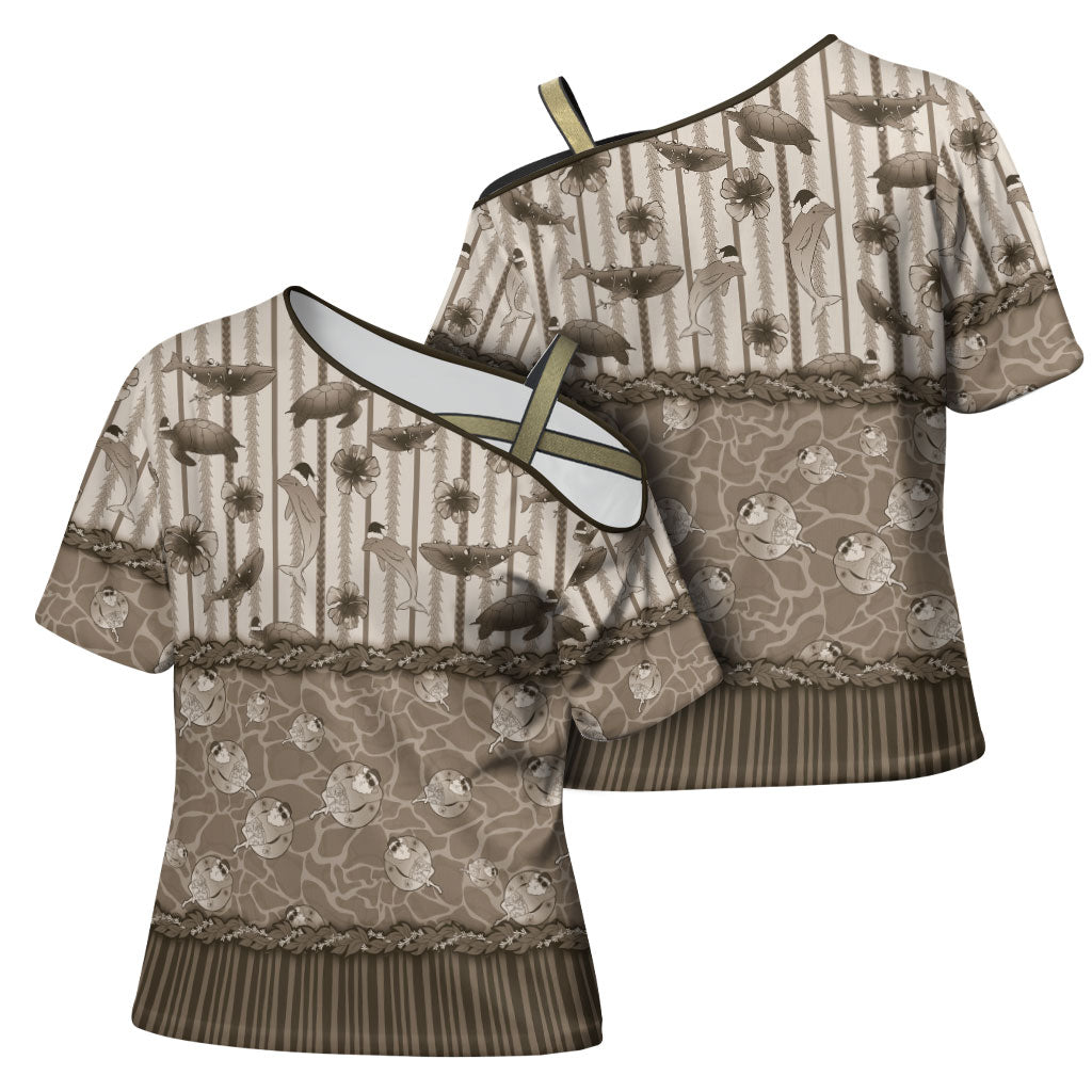 Hawaii Christmas In July Cross Shoulder Shirt Beige Mele Kalikimaka Sea Animals DT05 - Polynesian Pride