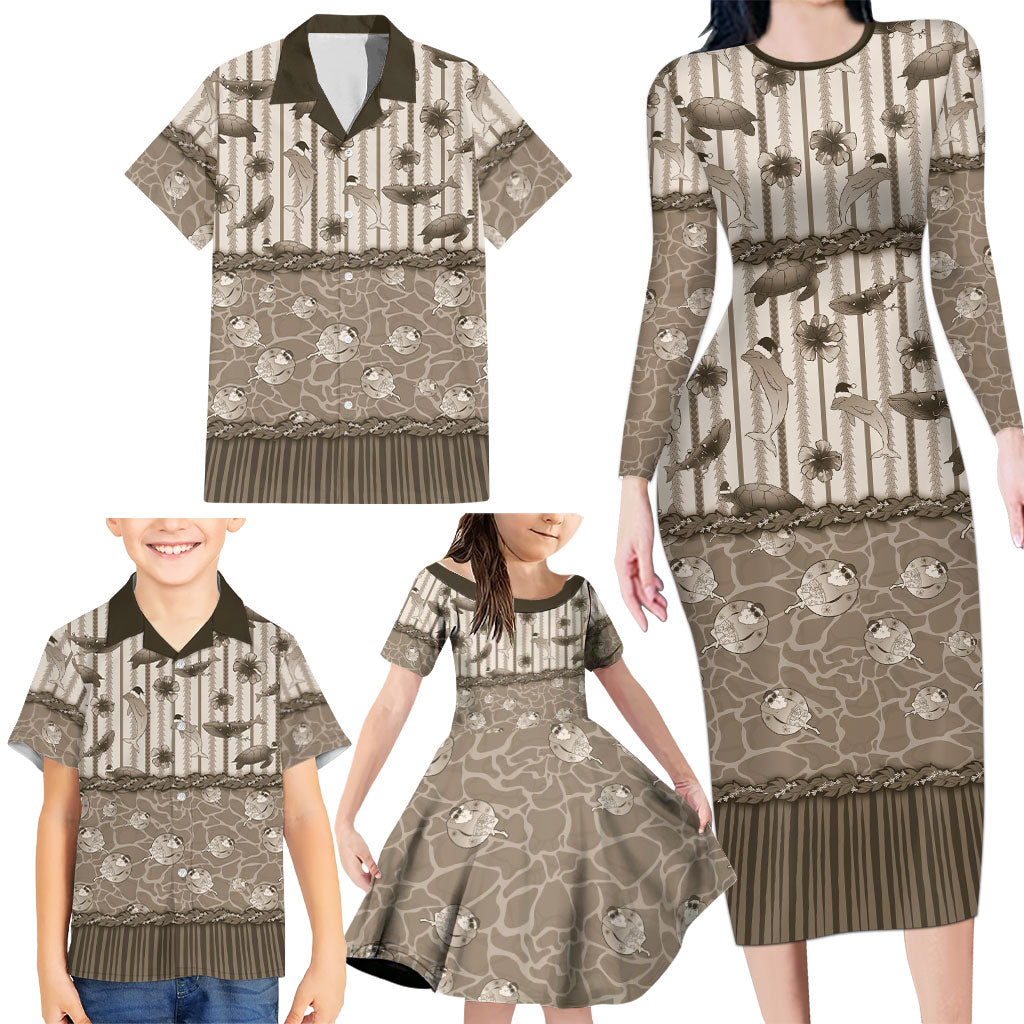 Hawaii Christmas In July Family Matching Long Sleeve Bodycon Dress and Hawaiian Shirt Beige Mele Kalikimaka Sea Animals DT05 - Polynesian Pride