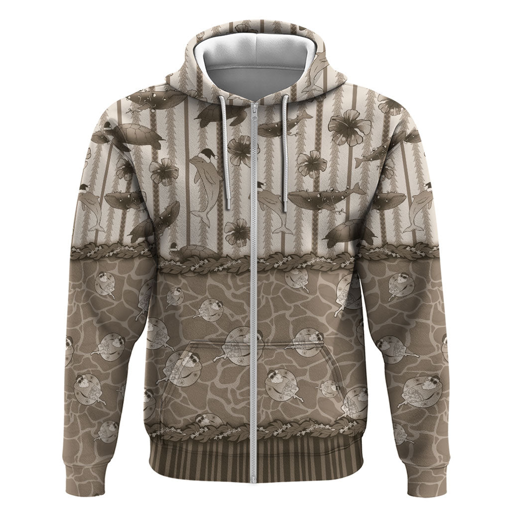 Hawaii Christmas In July Hoodie Beige Mele Kalikimaka Sea Animals DT05 Zip Hoodie Beige - Polynesian Pride