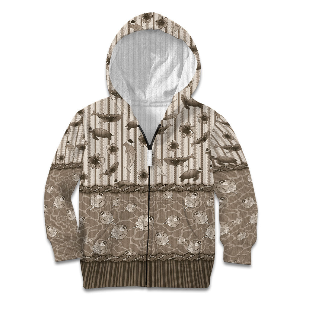 Hawaii Christmas In July Kid Hoodie Beige Mele Kalikimaka Sea Animals DT05 Zip Hoodie Beige - Polynesian Pride