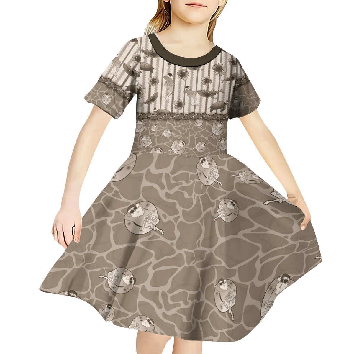 Hawaii Christmas In July Kid Short Sleeve Dress Beige Mele Kalikimaka Sea Animals DT05 - Polynesian Pride