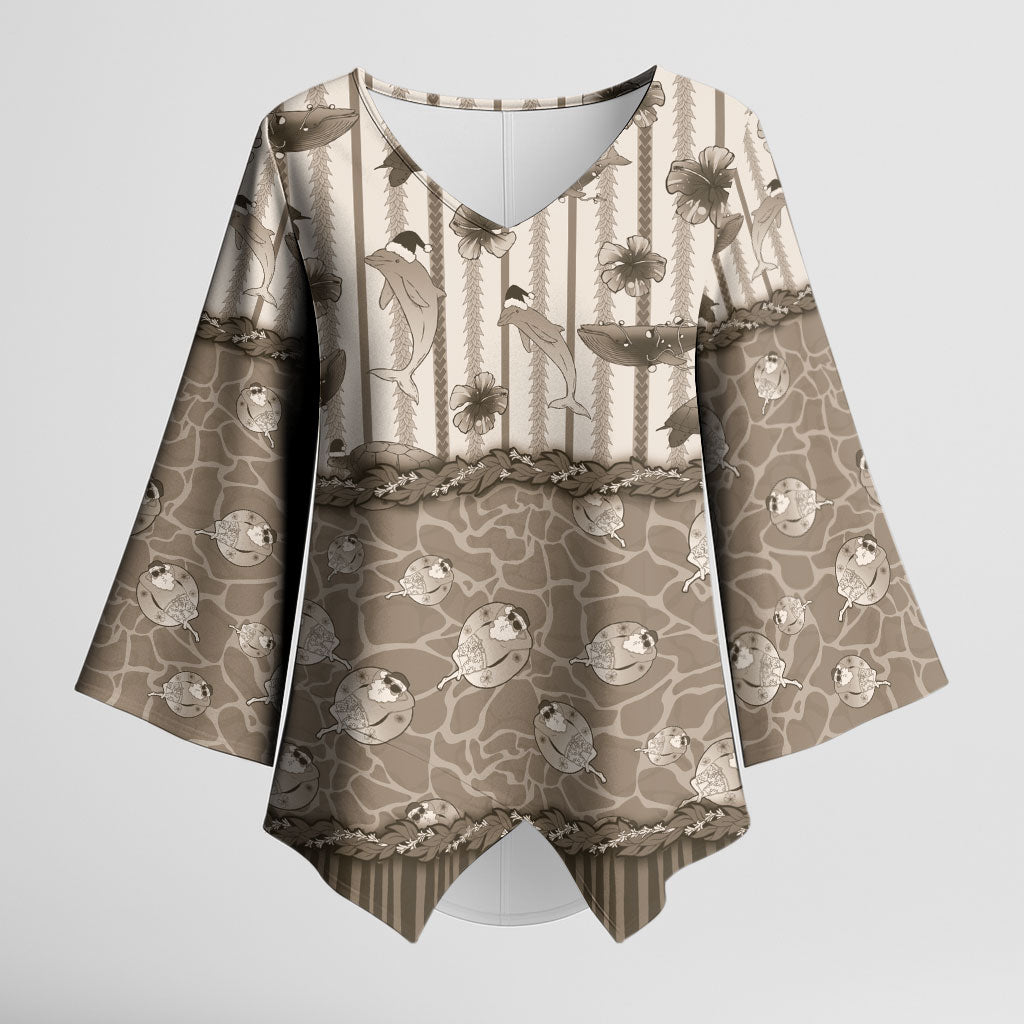 Hawaii Christmas In July Kimono Sleeve Blouse Beige Mele Kalikimaka Sea Animals DT05 Female Beige - Polynesian Pride
