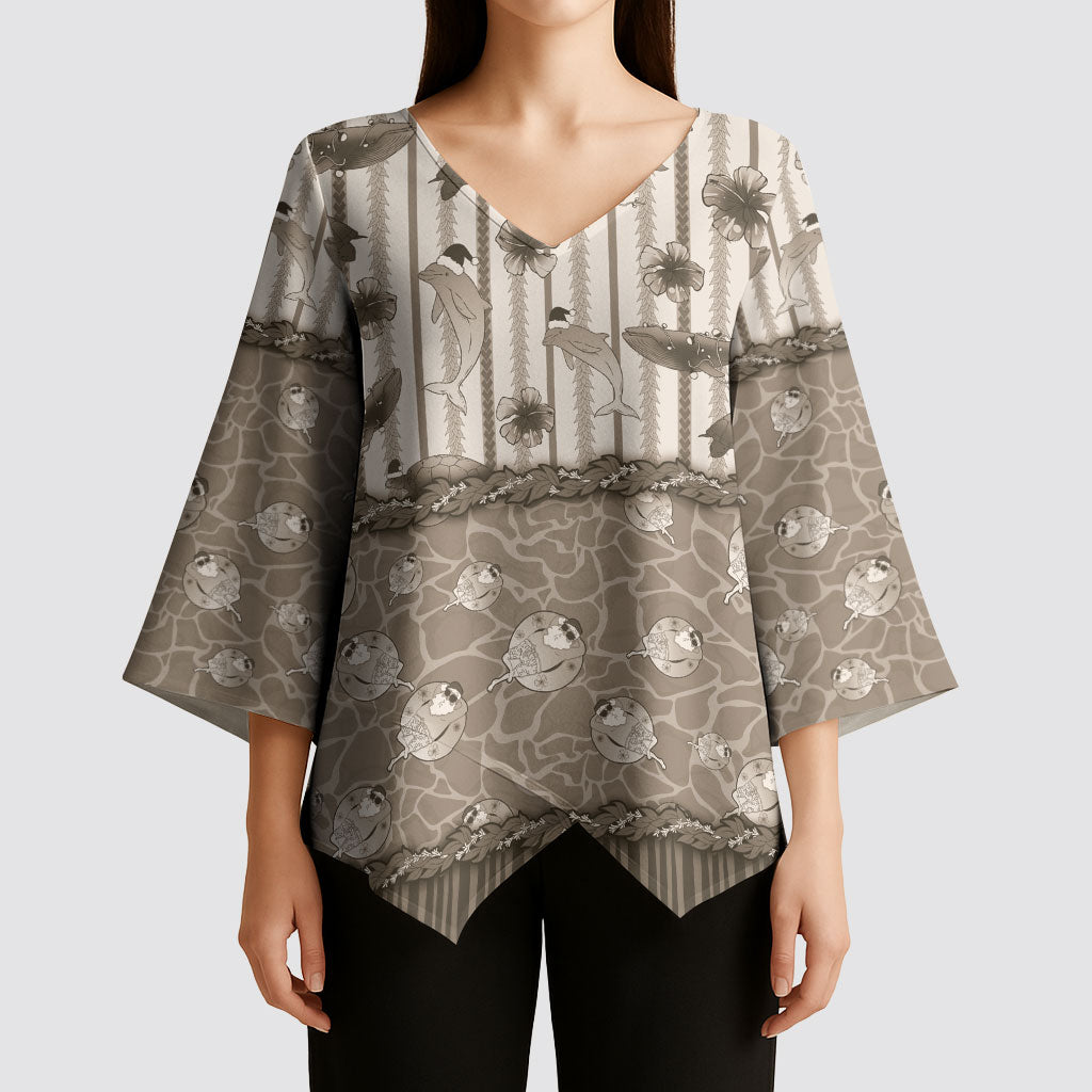 Hawaii Christmas In July Kimono Sleeve Blouse Beige Mele Kalikimaka Sea Animals DT05 - Polynesian Pride