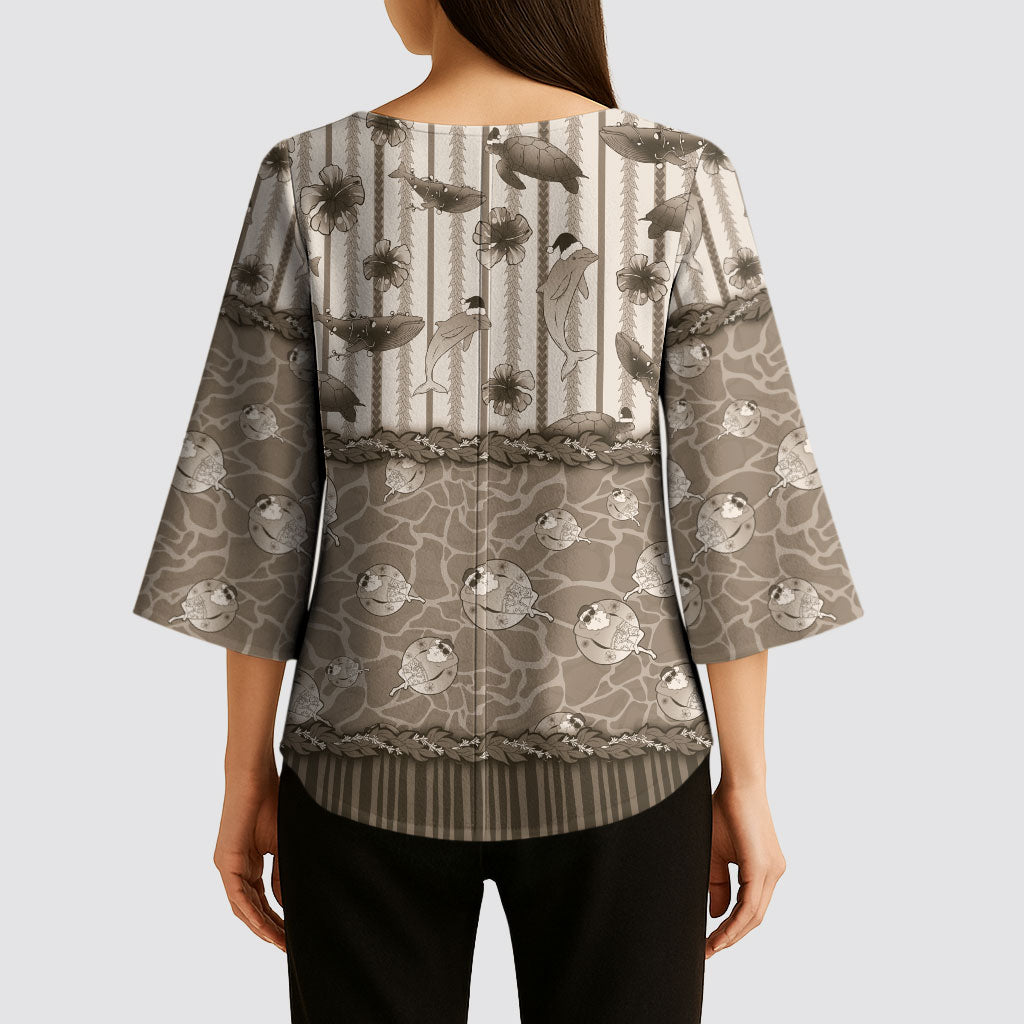 Hawaii Christmas In July Kimono Sleeve Blouse Beige Mele Kalikimaka Sea Animals DT05 - Polynesian Pride