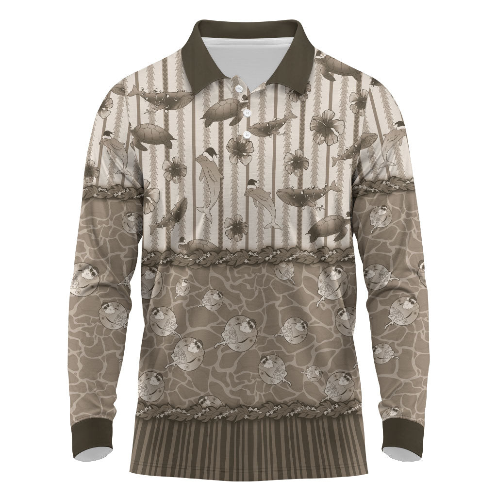 Hawaii Christmas In July Long Sleeve Polo Shirt Beige Mele Kalikimaka Sea Animals DT05 Beige - Polynesian Pride