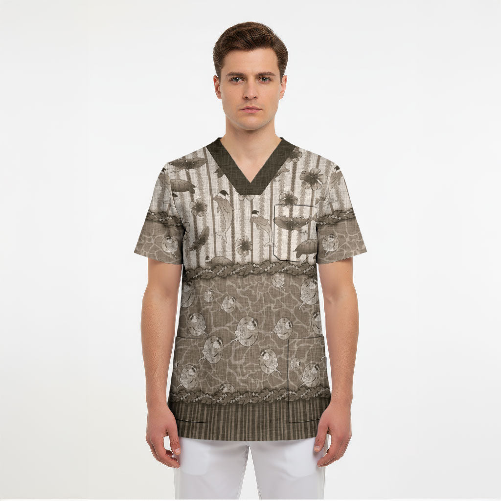 Hawaii Christmas In July Scrub Top Beige Mele Kalikimaka Sea Animals