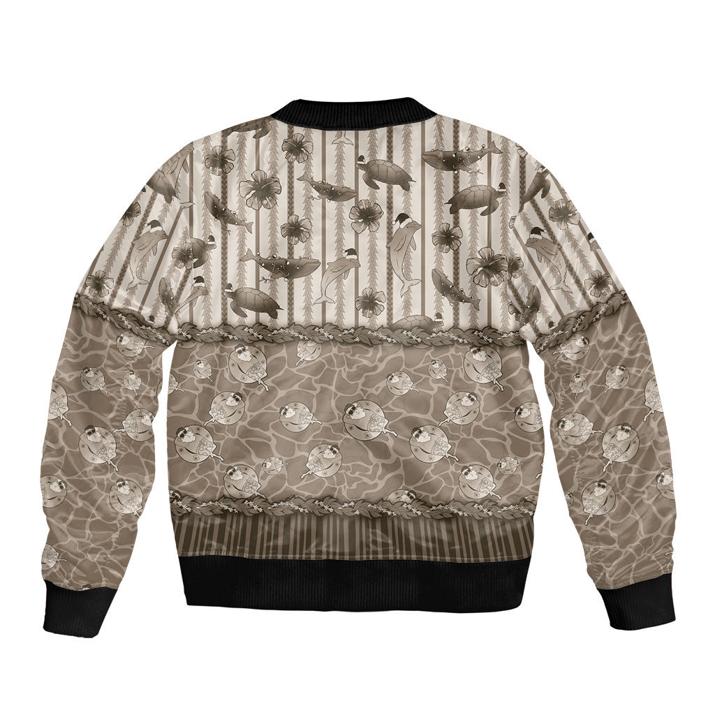 Hawaii Christmas In July Sleeve Zip Bomber Jacket Beige Mele Kalikimaka Sea Animals