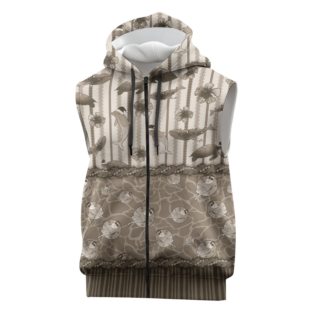 Hawaii Christmas In July Sleeveless Zip Hoodie Beige Mele Kalikimaka Sea Animals DT05 Beige - Polynesian Pride