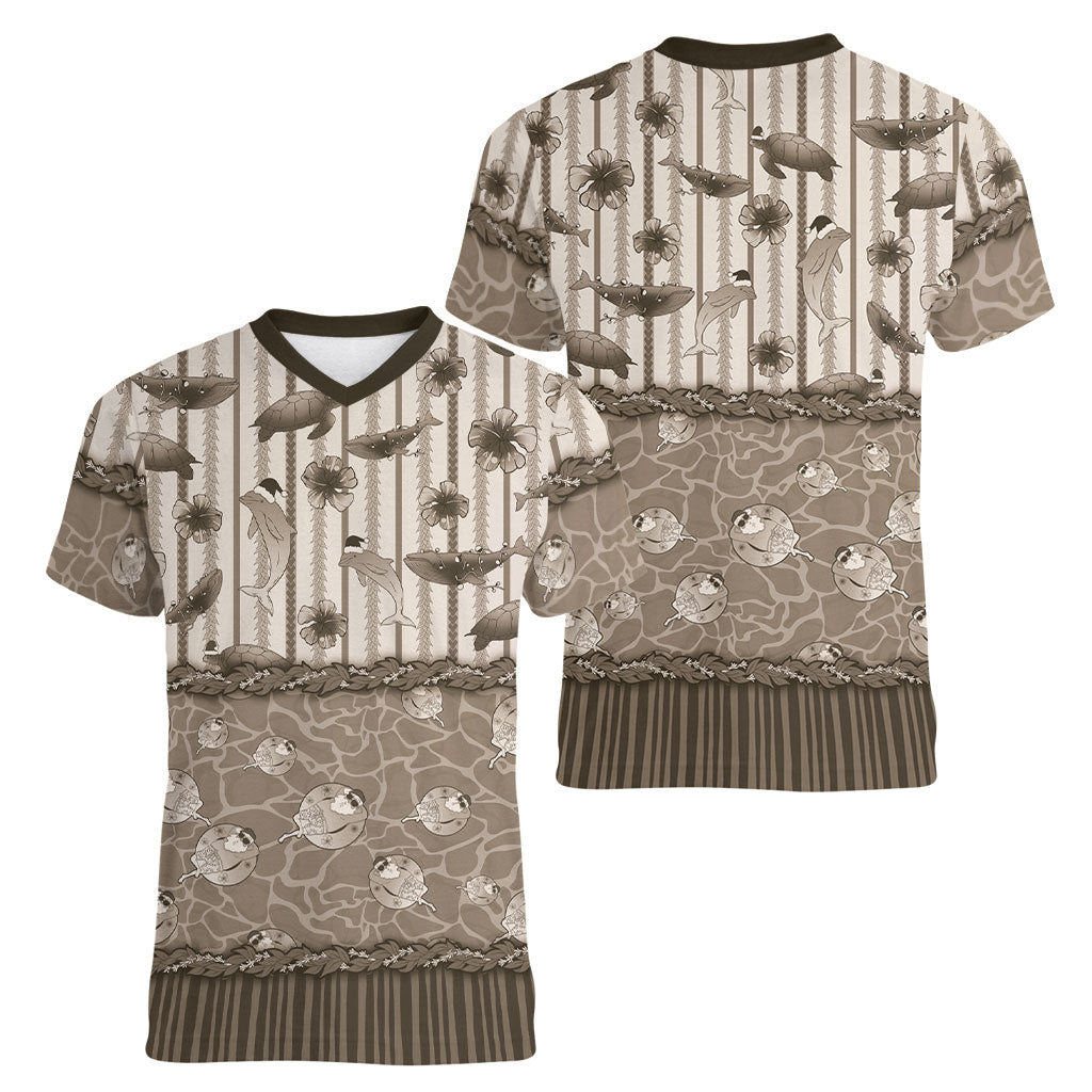 Hawaii Christmas In July Women V-Neck T-Shirt Beige Mele Kalikimaka Sea Animals DT05 - Polynesian Pride