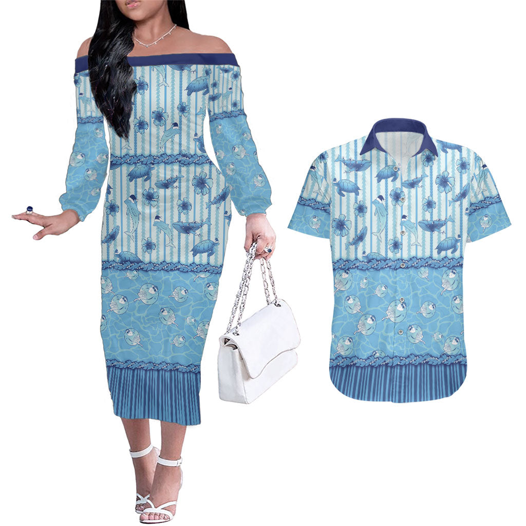 Hawaii Christmas In July Couples Matching Off The Shoulder Long Sleeve Dress and Hawaiian Shirt Sky Blue Mele Kalikimaka Sea Animals DT05 Blue - Polynesian Pride