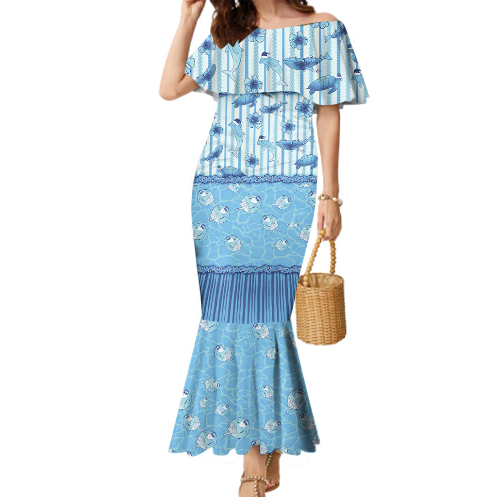 Hawaii Christmas In July Family Matching Mermaid Dress and Hawaiian Shirt Sky Blue Mele Kalikimaka Sea Animals DT05 Mom's Dress Blue - Polynesian Pride