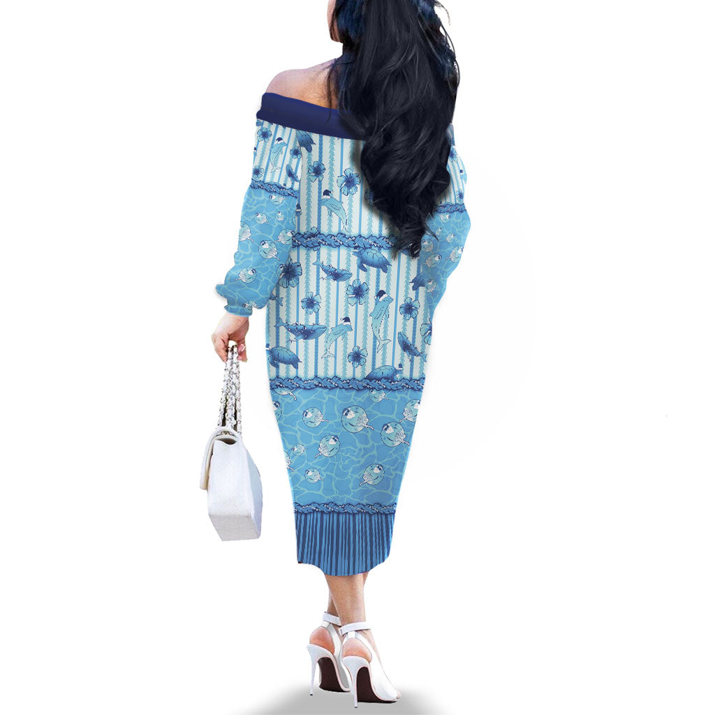 Hawaii Christmas In July Family Matching Off The Shoulder Long Sleeve Dress and Hawaiian Shirt Sky Blue Mele Kalikimaka Sea Animals DT05 - Polynesian Pride