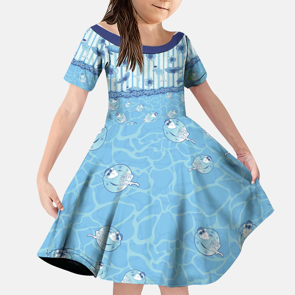 Hawaii Christmas In July Family Matching Off Shoulder Maxi Dress and Hawaiian Shirt Sky Blue Mele Kalikimaka Sea Animals DT05 Daughter's Dress Blue - Polynesian Pride