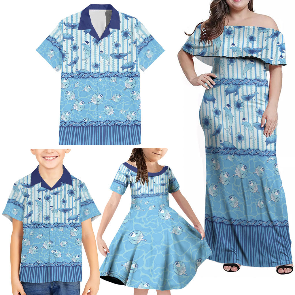 Hawaii Christmas In July Family Matching Off Shoulder Maxi Dress and Hawaiian Shirt Sky Blue Mele Kalikimaka Sea Animals DT05 - Polynesian Pride