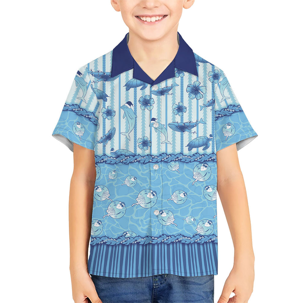 Hawaii Christmas In July Family Matching Off Shoulder Short Dress and Hawaiian Shirt Sky Blue Mele Kalikimaka Sea Animals DT05 Son's Shirt Blue - Polynesian Pride