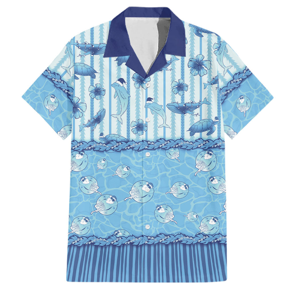 Hawaii Christmas In July Family Matching Short Sleeve Bodycon Dress and Hawaiian Shirt Sky Blue Mele Kalikimaka Sea Animals DT05 Dad's Shirt - Short Sleeve Blue - Polynesian Pride