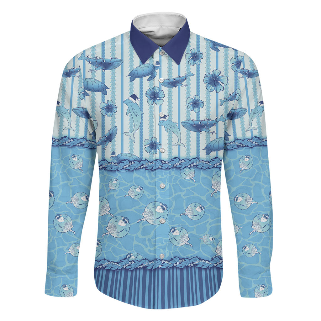 Hawaii Christmas In July Family Matching Short Sleeve Bodycon Dress and Hawaiian Shirt Sky Blue Mele Kalikimaka Sea Animals DT05 Dad's Shirt - Long Sleeve Blue - Polynesian Pride