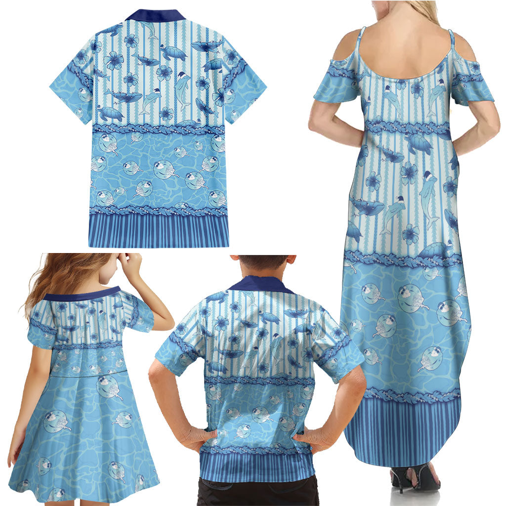 Hawaii Christmas In July Family Matching Summer Maxi Dress and Hawaiian Shirt Sky Blue Mele Kalikimaka Sea Animals DT05 - Polynesian Pride