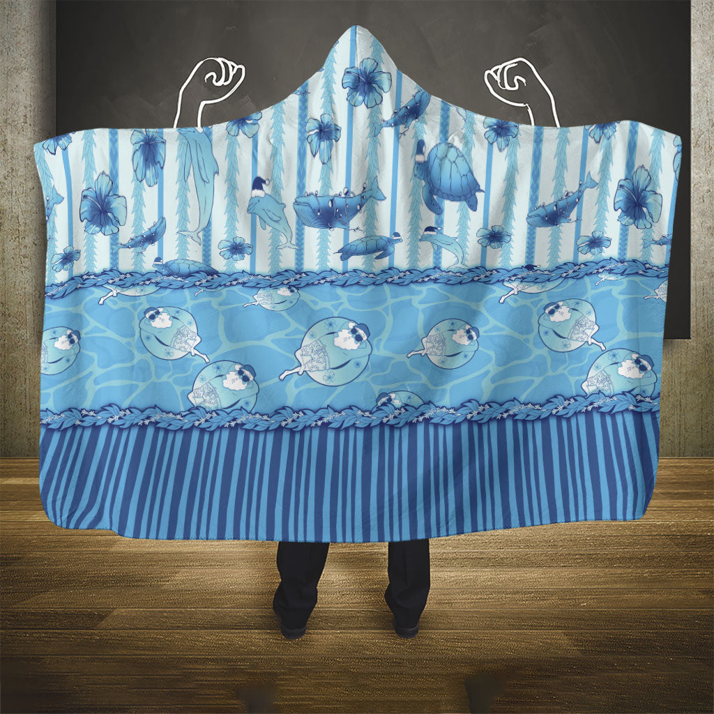 Hawaii Christmas In July Hooded Blanket Sky Blue Mele Kalikimaka Sea Animals