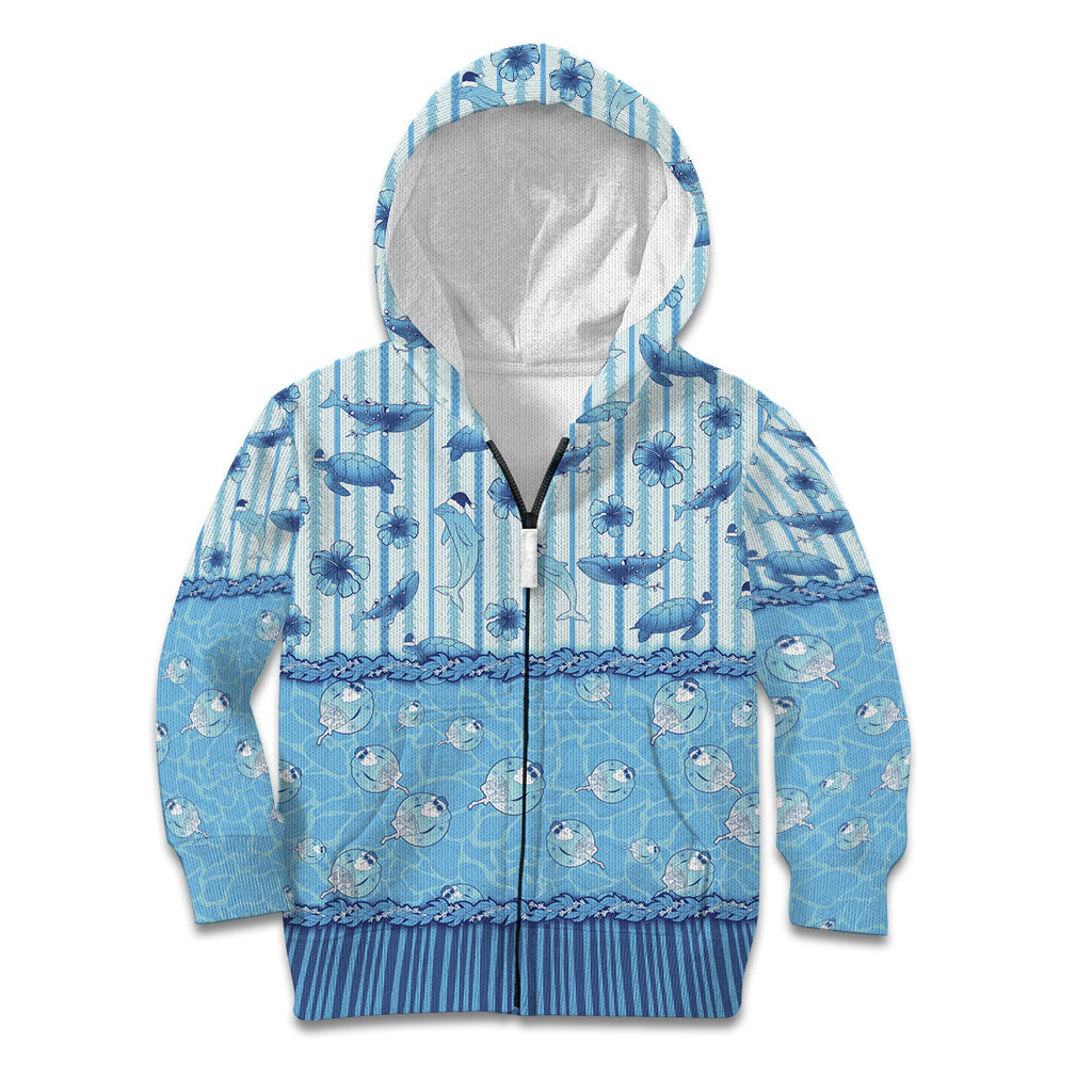 Hawaii Christmas In July Kid Hoodie Sky Blue Mele Kalikimaka Sea Animals DT05 Zip Hoodie Blue - Polynesian Pride