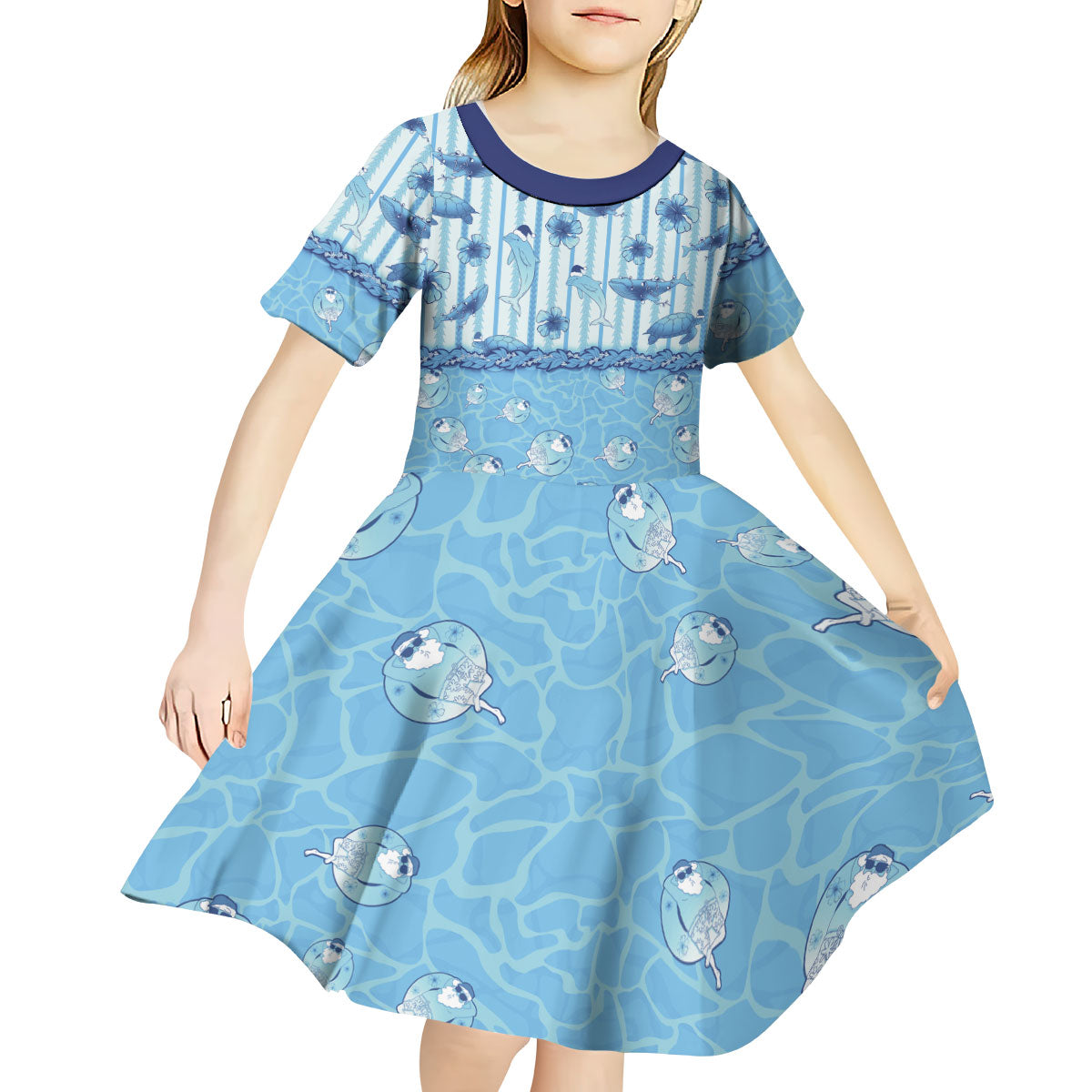 Hawaii Christmas In July Kid Short Sleeve Dress Sky Blue Mele Kalikimaka Sea Animals DT05 - Polynesian Pride