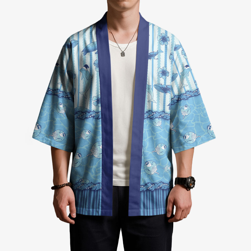 Hawaii Christmas In July Kimono Sky Blue Mele Kalikimaka Sea Animals