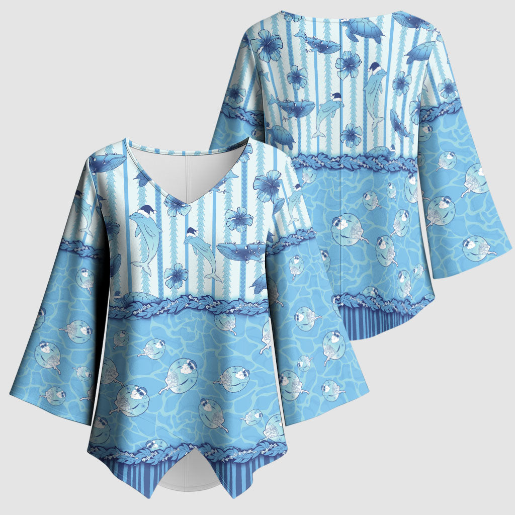 Hawaii Christmas In July Kimono Sleeve Blouse Sky Blue Mele Kalikimaka Sea Animals