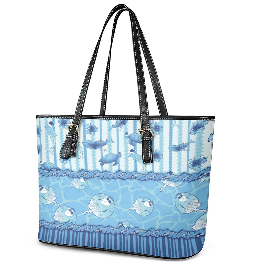 Hawaii Christmas In July Leather Tote Bag Sky Blue Mele Kalikimaka Sea Animals
