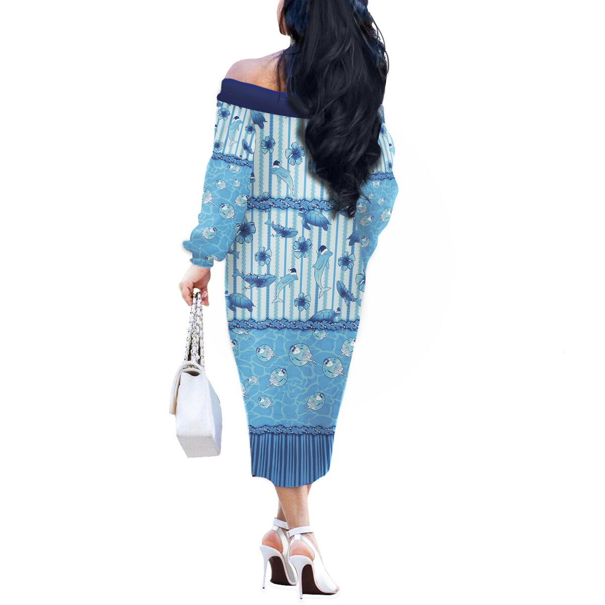 Hawaii Christmas In July Off The Shoulder Long Sleeve Dress Sky Blue Mele Kalikimaka Sea Animals DT05 - Polynesian Pride