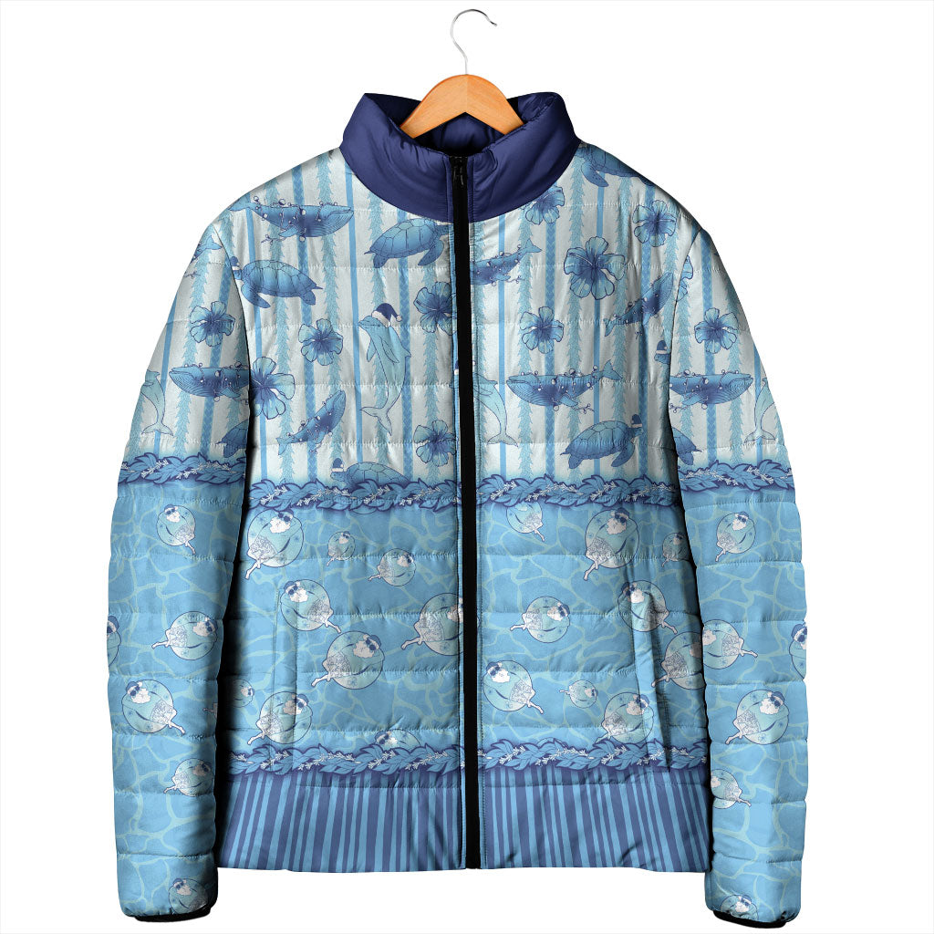 Hawaii Christmas In July Padded Jacket Sky Blue Mele Kalikimaka Sea Animals