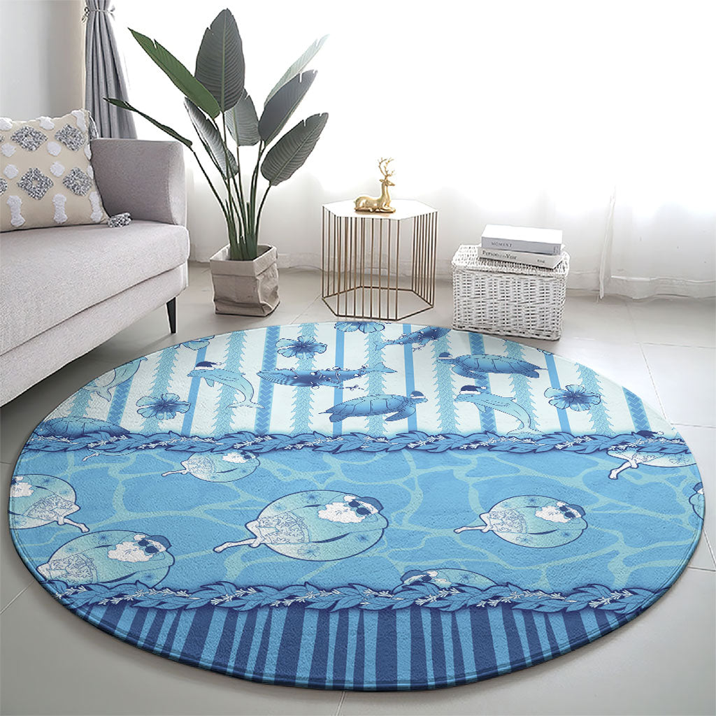 Hawaii Christmas In July Round Carpet Sky Blue Mele Kalikimaka Sea Animals