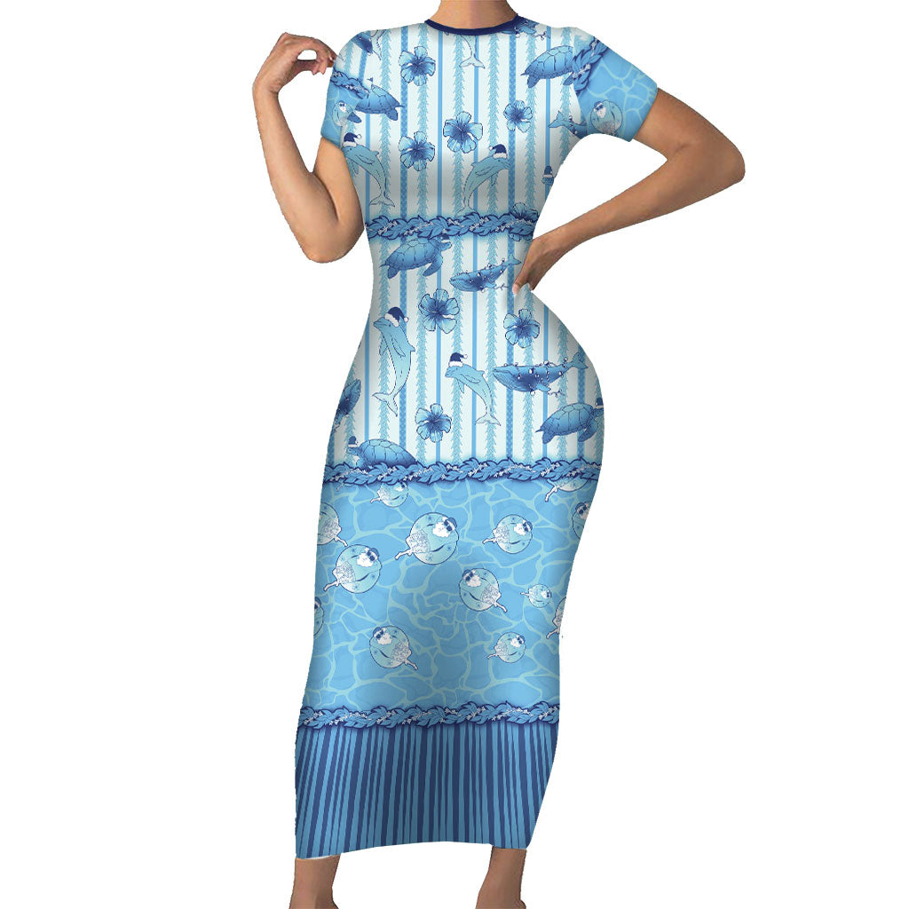 Hawaii Christmas In July Short Sleeve Bodycon Dress Sky Blue Mele Kalikimaka Sea Animals DT05 Long Dress Blue - Polynesian Pride