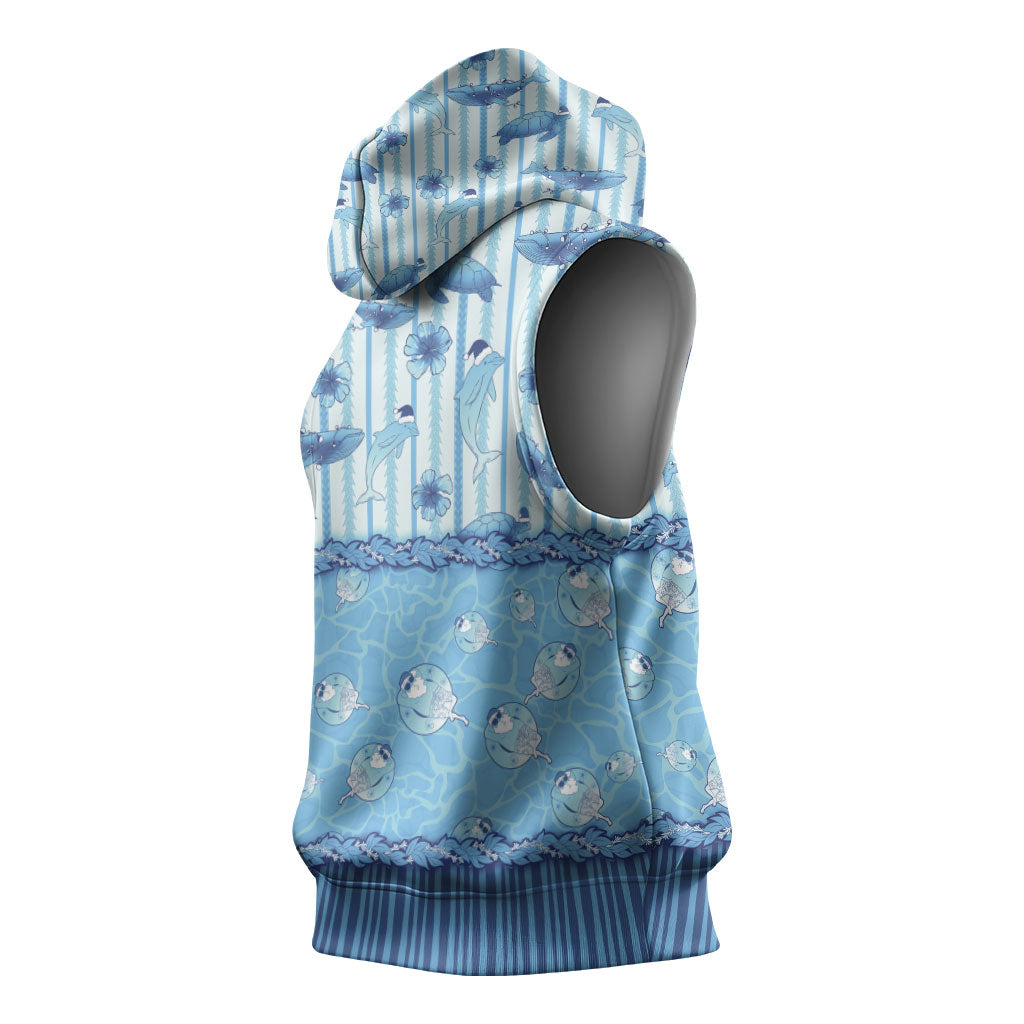 Hawaii Christmas In July Sleeveless Hoodie Sky Blue Mele Kalikimaka Sea Animals DT05 - Polynesian Pride