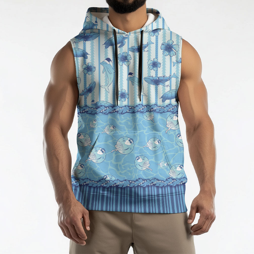 Hawaii Christmas In July Sleeveless Hoodie Sky Blue Mele Kalikimaka Sea Animals DT05 - Polynesian Pride