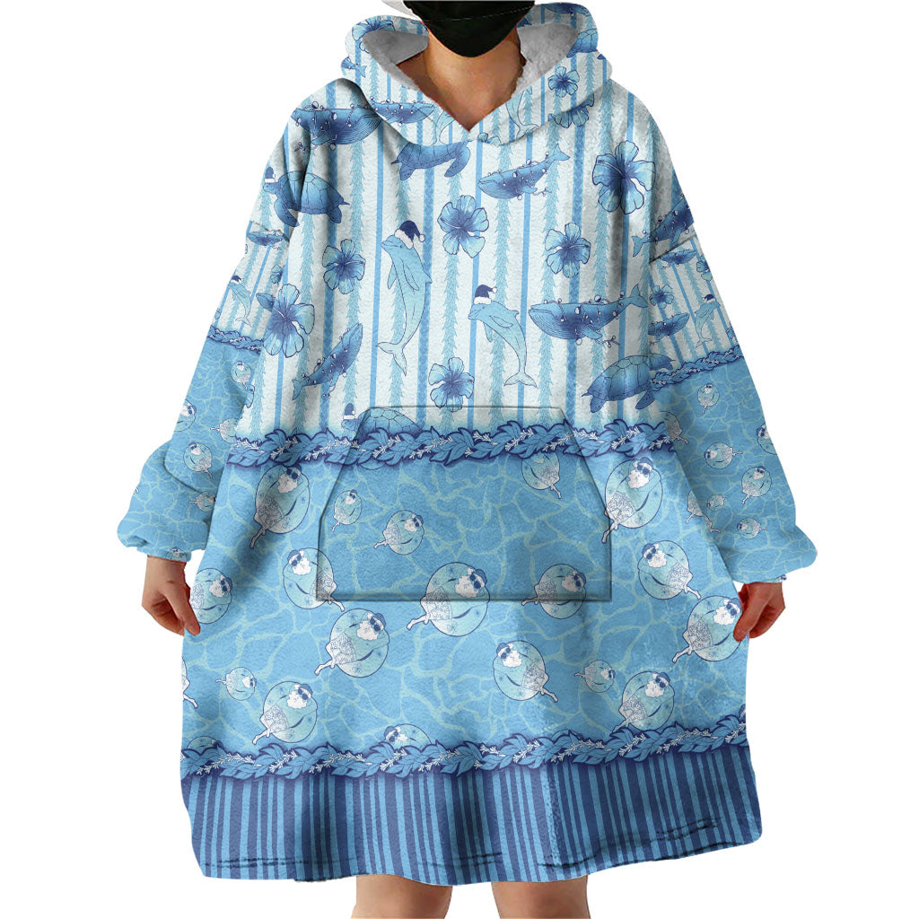 Hawaii Christmas In July Wearable Blanket Hoodie Sky Blue Mele Kalikimaka Sea Animals DT05 - Polynesian Pride