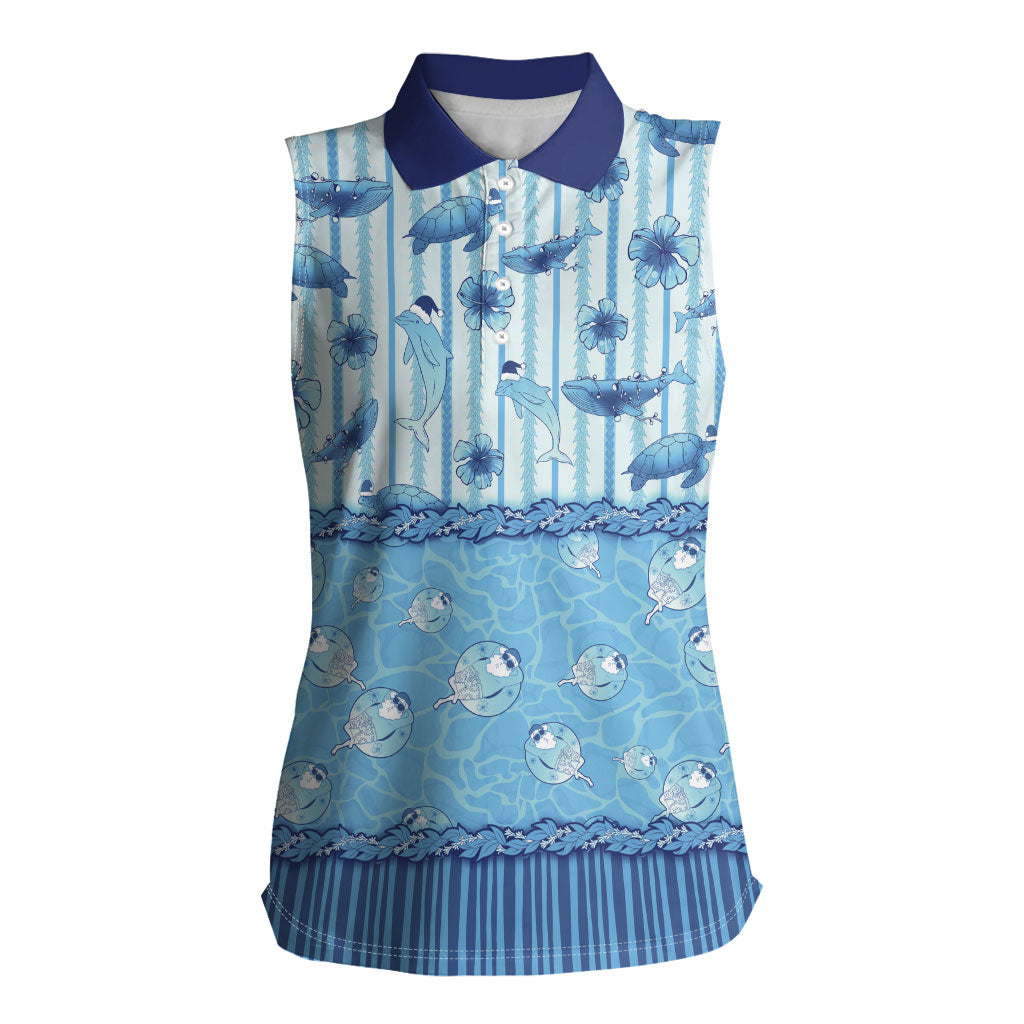 Hawaii Christmas In July Women Sleeveless Polo Shirt Sky Blue Mele Kalikimaka Sea Animals
