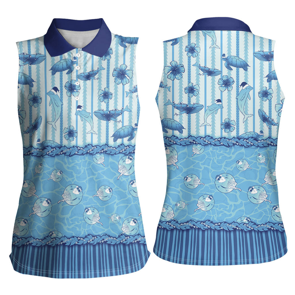 Hawaii Christmas In July Women Sleeveless Polo Shirt Sky Blue Mele Kalikimaka Sea Animals DT05 - Polynesian Pride