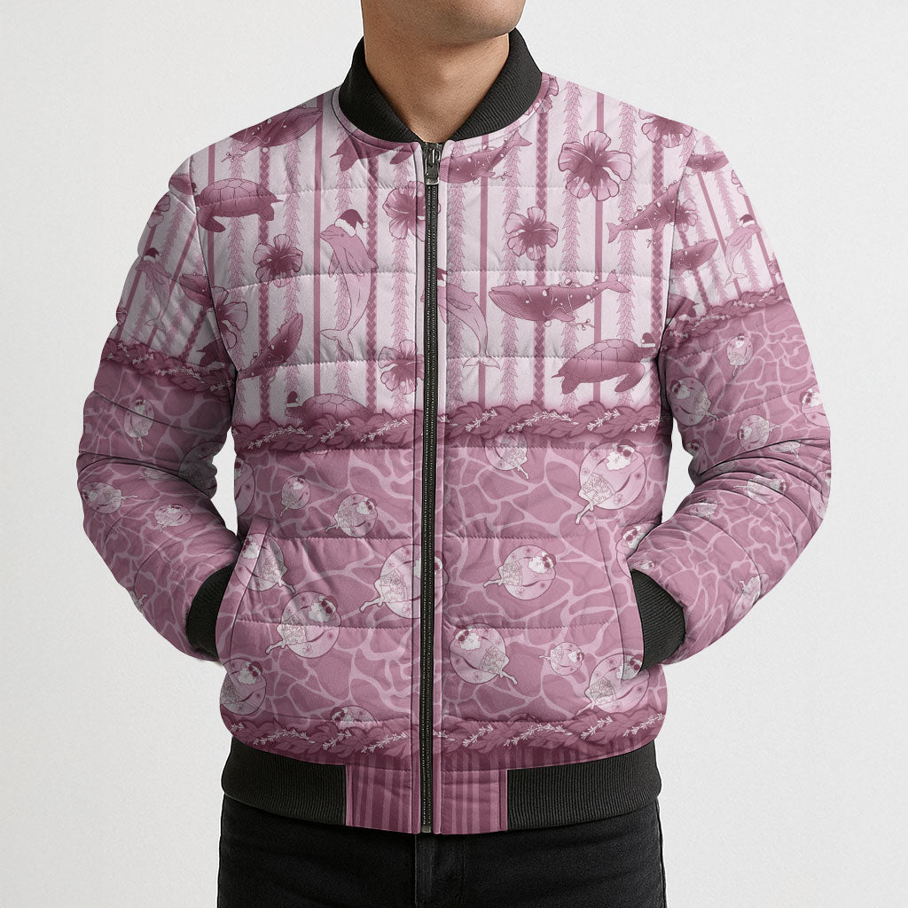 Hawaii Christmas In July Bomber Puffer Jacket Dusty Pink Mele Kalikimaka Sea Animals