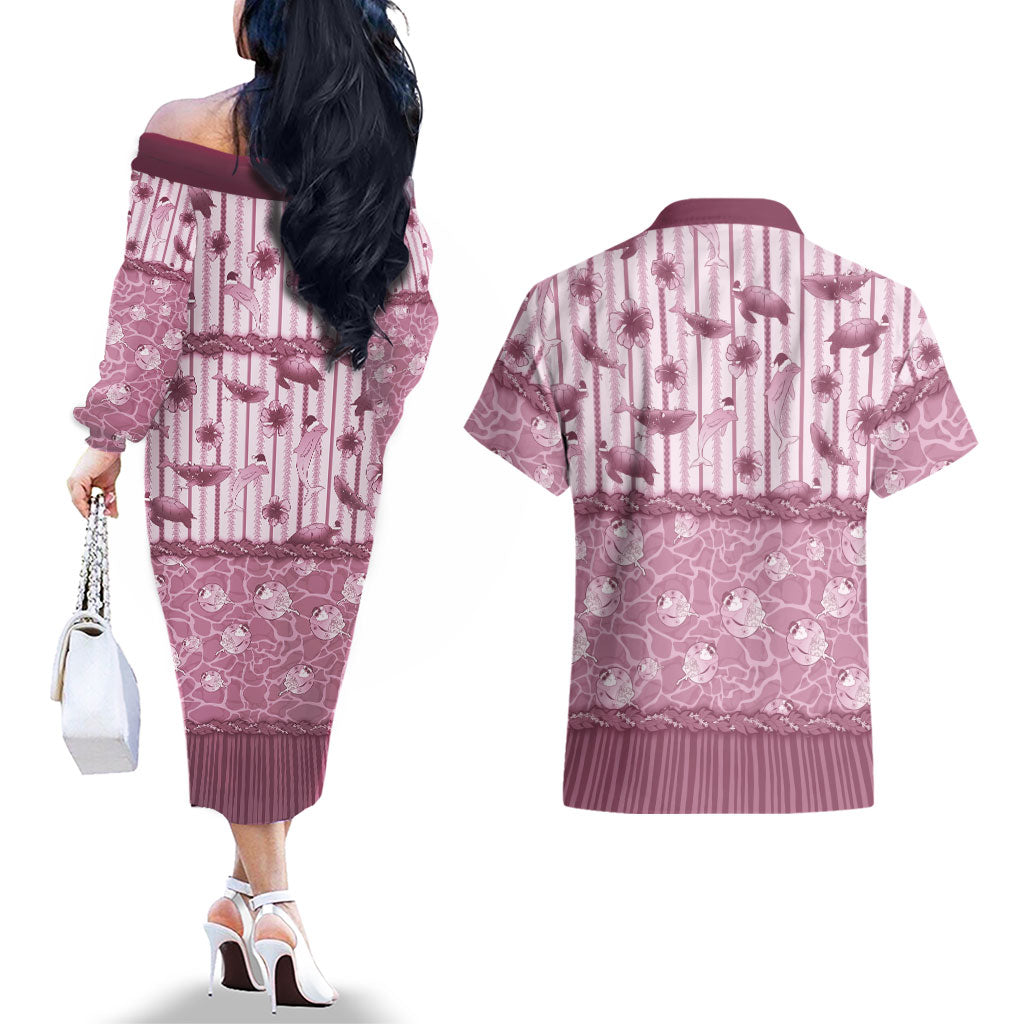 Hawaii Christmas In July Couples Matching Off The Shoulder Long Sleeve Dress and Hawaiian Shirt Dusty Pink Mele Kalikimaka Sea Animals DT05 - Polynesian Pride