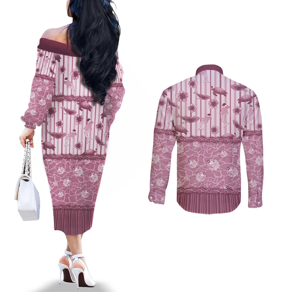 Hawaii Christmas In July Couples Matching Off The Shoulder Long Sleeve Dress and Long Sleeve Button Shirt Dusty Pink Mele Kalikimaka Sea Animals DT05 - Polynesian Pride