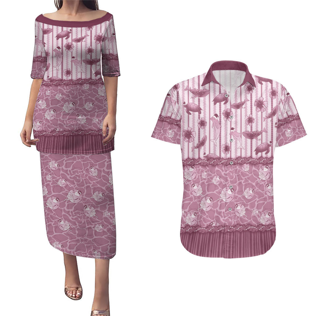 Hawaii Christmas In July Couples Matching Puletasi and Hawaiian Shirt Dusty Pink Mele Kalikimaka Sea Animals DT05 Pink - Polynesian Pride