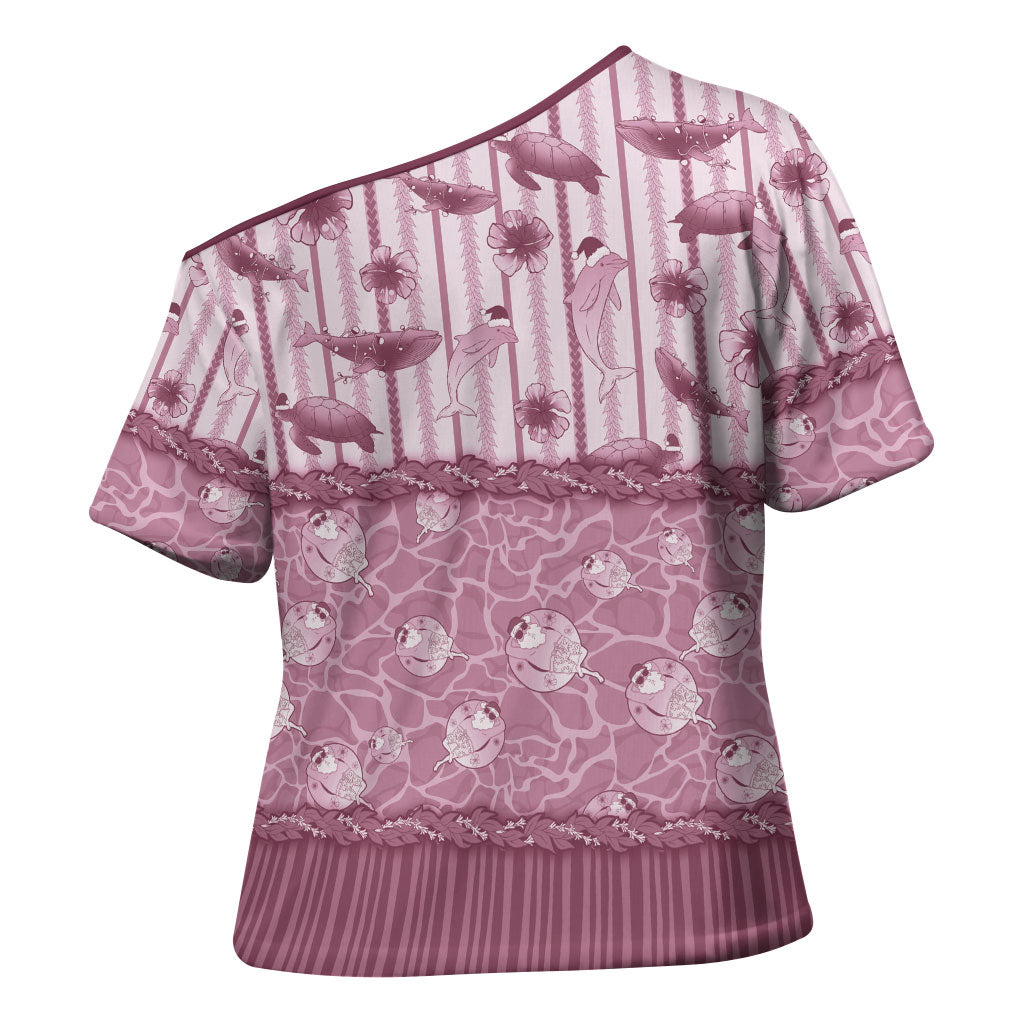 Hawaii Christmas In July Cross Shoulder Shirt Dusty Pink Mele Kalikimaka Sea Animals DT05 - Polynesian Pride