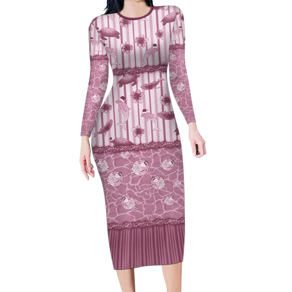 Hawaii Christmas In July Family Matching Long Sleeve Bodycon Dress and Hawaiian Shirt Dusty Pink Mele Kalikimaka Sea Animals DT05 Mom's Dress Pink - Polynesian Pride