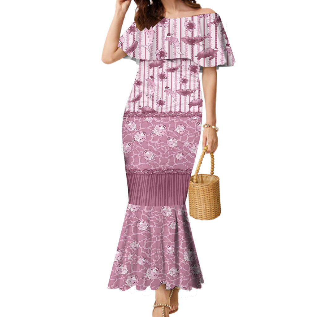 Hawaii Christmas In July Family Matching Mermaid Dress and Hawaiian Shirt Dusty Pink Mele Kalikimaka Sea Animals DT05 Mom's Dress Pink - Polynesian Pride