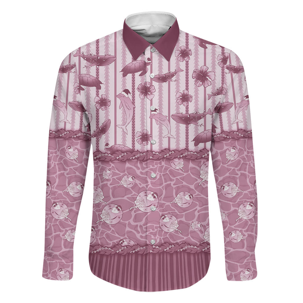 Hawaii Christmas In July Family Matching Off Shoulder Short Dress and Hawaiian Shirt Dusty Pink Mele Kalikimaka Sea Animals DT05 Dad's Shirt - Long Sleeve Pink - Polynesian Pride