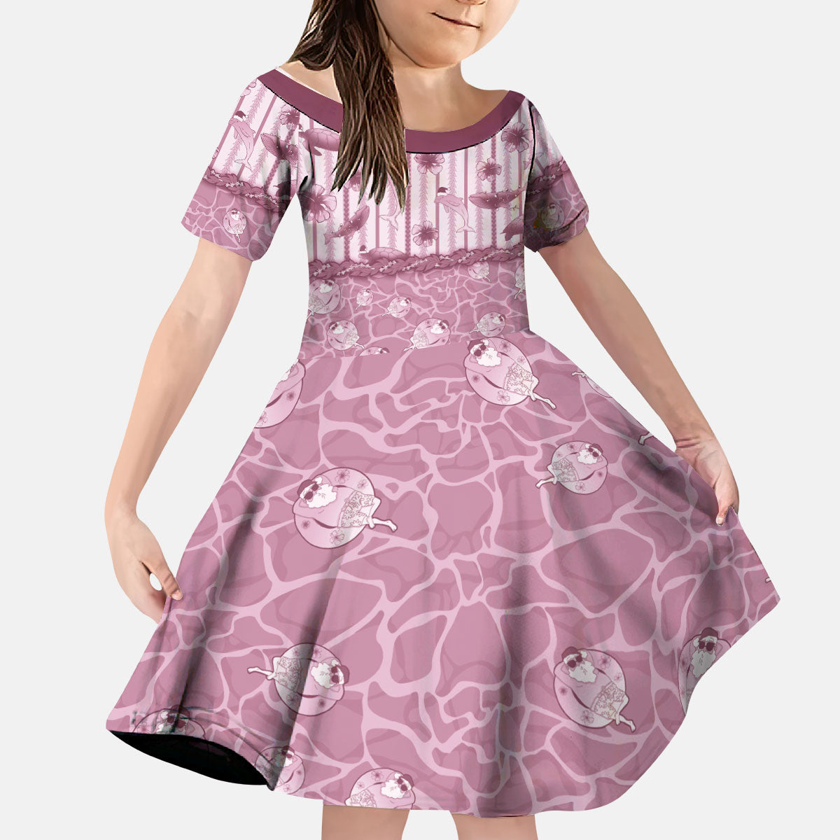 Hawaii Christmas In July Kid Short Sleeve Dress Dusty Pink Mele Kalikimaka Sea Animals DT05 KID Pink - Polynesian Pride