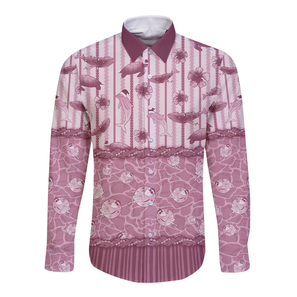 Hawaii Christmas In July Long Sleeve Button Shirt Dusty Pink Mele Kalikimaka Sea Animals DT05 Unisex Pink - Polynesian Pride
