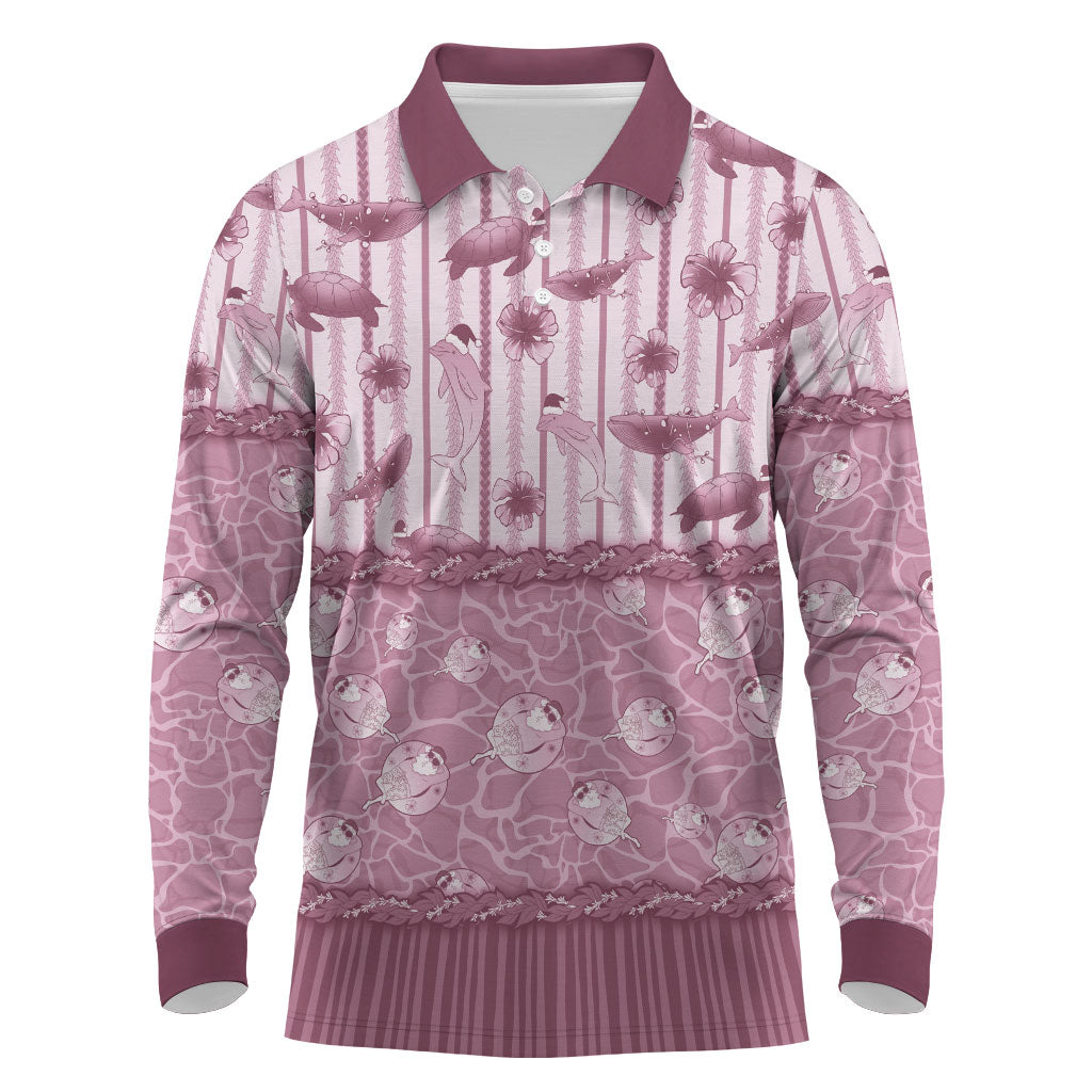 Hawaii Christmas In July Long Sleeve Polo Shirt Dusty Pink Mele Kalikimaka Sea Animals DT05 Pink - Polynesian Pride