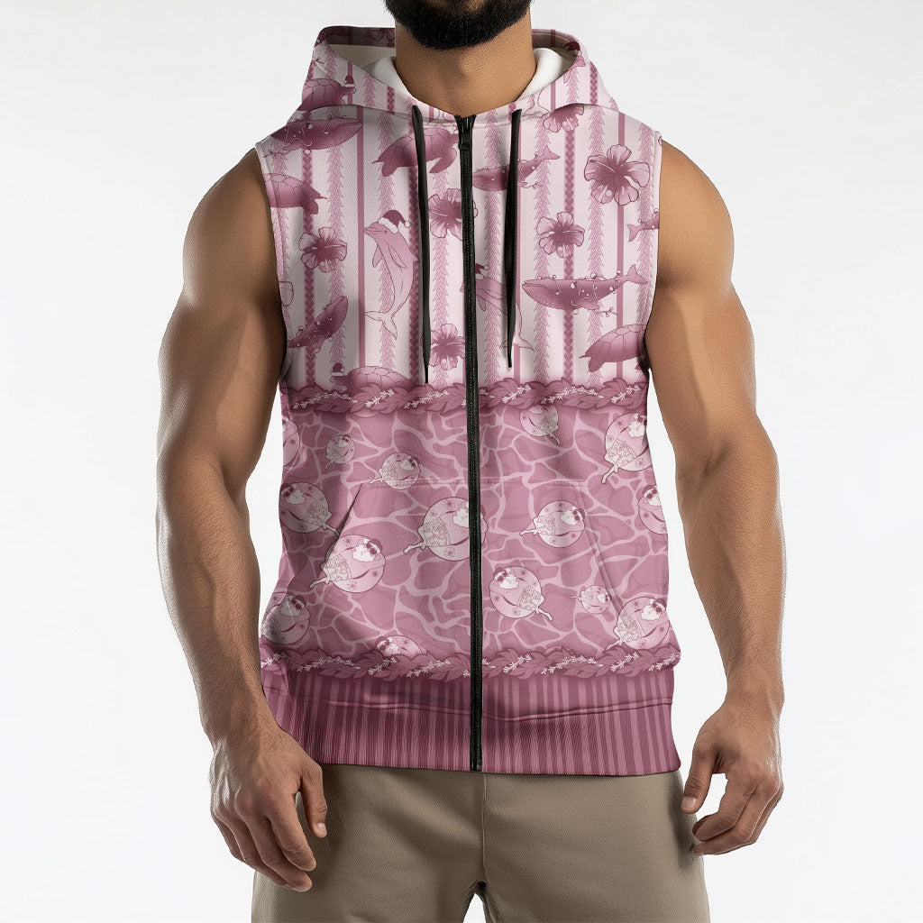 Hawaii Christmas In July Sleeveless Zip Hoodie Dusty Pink Mele Kalikimaka Sea Animals DT05 - Polynesian Pride
